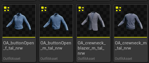 Four generated OutfitAsset items from Matrix Sample shirts and blazers